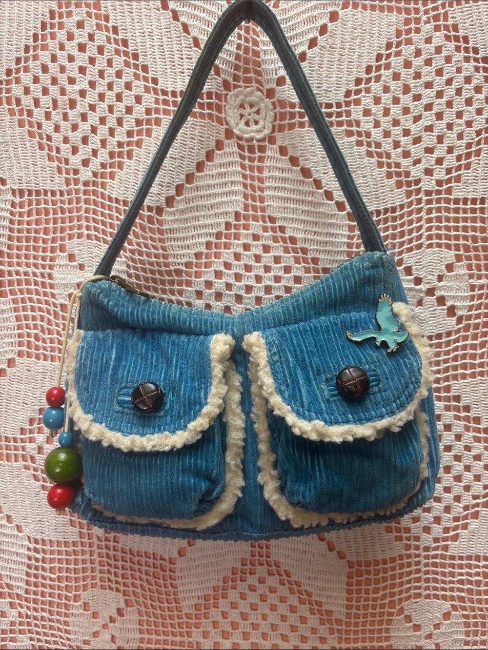 American Eagle Y2K Blue Corduroy Sherpa Trim Shoulder Bag
